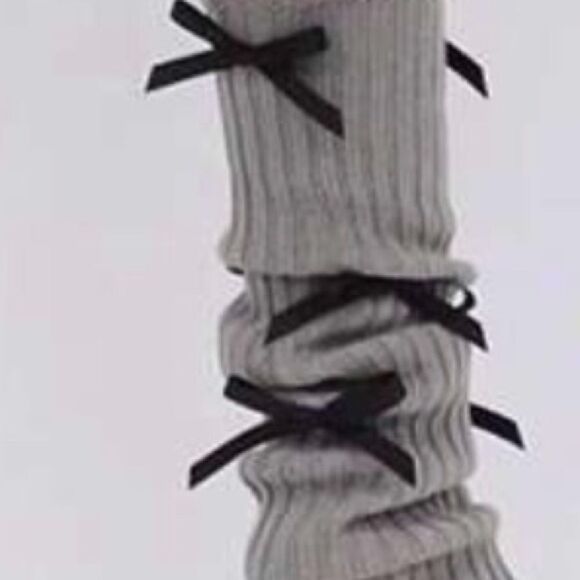 Goth / Lolita Leg Warmers Gray with Black Bows, Feminine soft stretchy - Picture 2 of 2